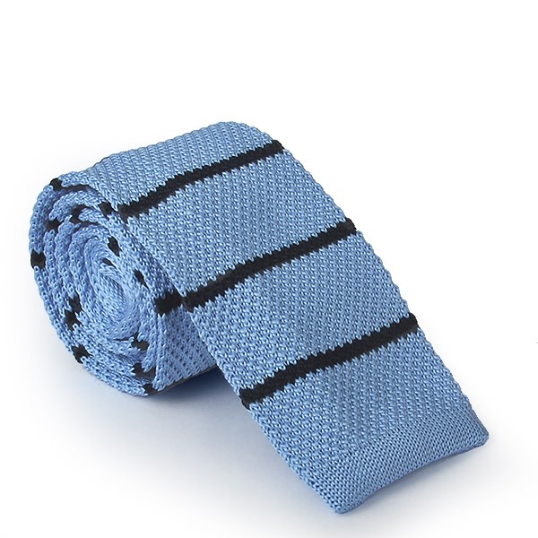 Açık Mavi - Lacivert Çizgili Örme Kravat 