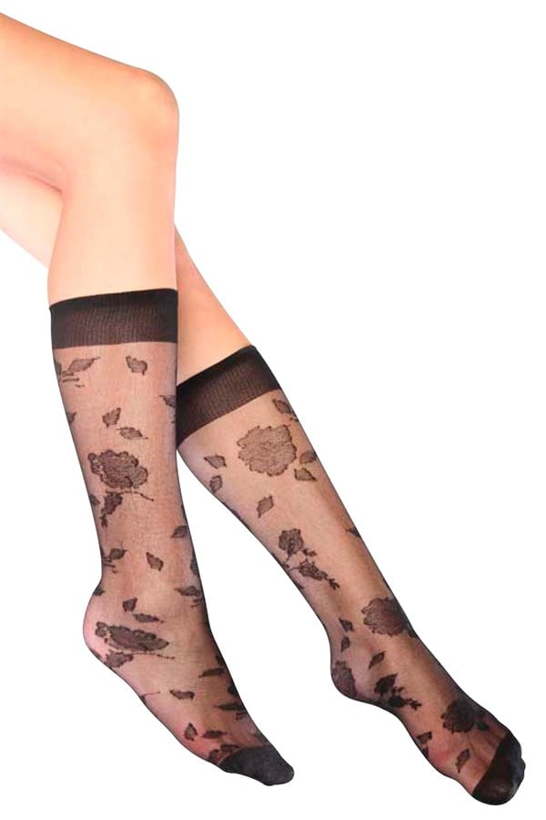 Mite Love Garden Desenli Dizaltı Kadın Çorap Siyah