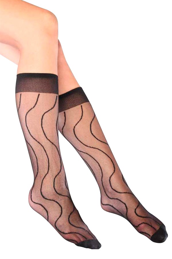 Mite Love Nehir Desenli Dizaltı Kadın Çorap Siyah