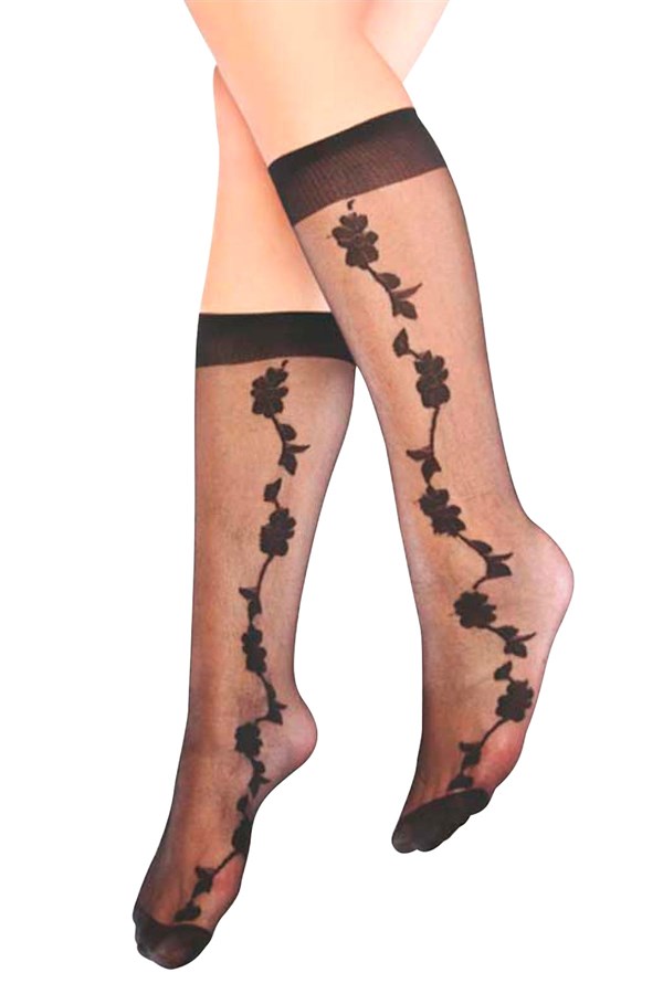 Mite Love Papatya Desenli Dizaltı Kadın Çorap Siyah