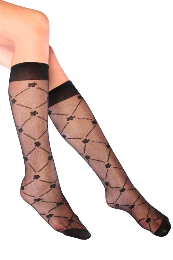 Mite Love Sümbül Desenli Dizaltı Kadın Çorap Siyah