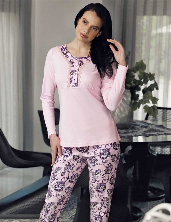 Şahinler Desenli Kadın Pijama Takımı Pembe MBP23708-1